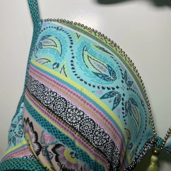 Boho Shade & Shore 36C Bikini Top Tie Back Beaded Tassel Paisley Turquoise - Picture 4 of 9